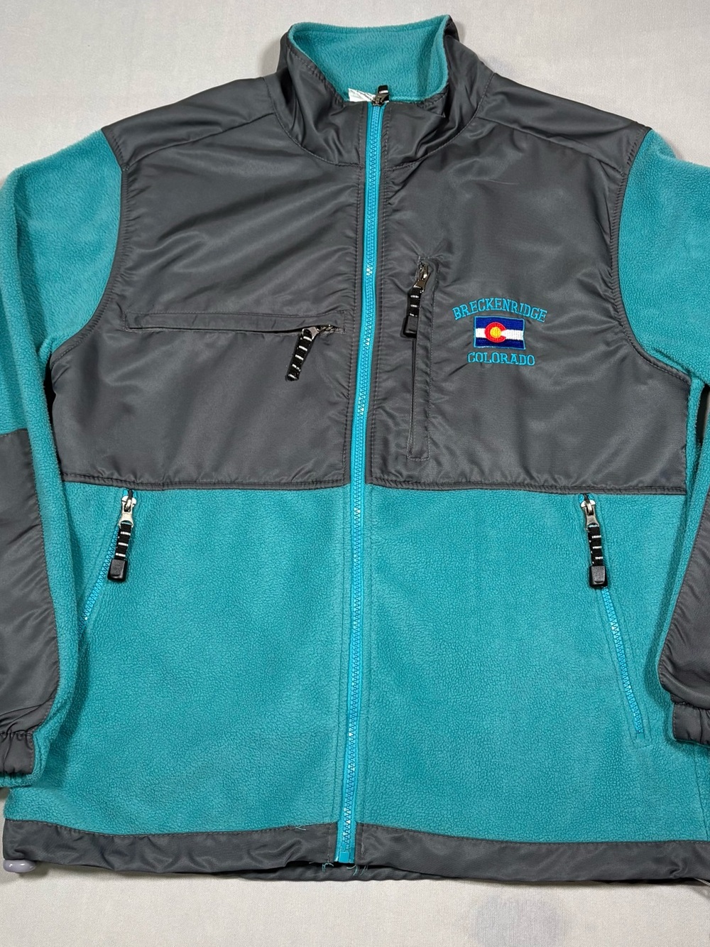 VTG GOGO Sports Breckenridge Colorado Fleece Jacket Full Zip Teal Grey Gorpcore